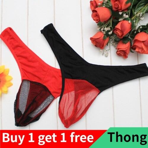 Buy 1 Get 1 Free Mens Underwear Mesh Transparent Breathable Triangle Sexy Ultra-thin Sexy Thong Men Thong Low-Rise Patchwork
