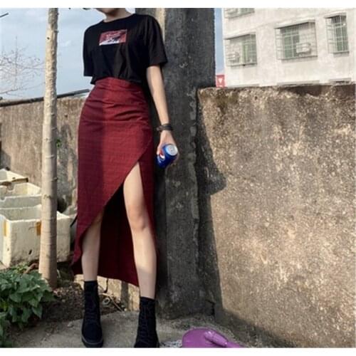 Red Plaid Womens Skirts in Summer Ladies Splid High Waist Hip Skirt Slim Cool Long Skirt 2020 New Fashion A-line Skirts N253