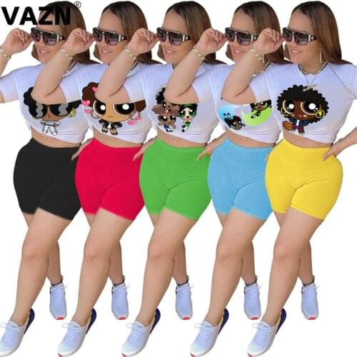 VAZN High street 2020 summer sexy lady 5 colors 2-piece short set short sleeve O-neck print tees shorts set skinny young new set