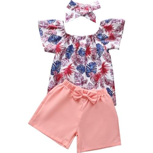 Fashion Summer Toddler Kids Baby Girls Clothes Sets Feather print Short Sleeve T Shirts Tops Shorts Headband Outfits 3pcs