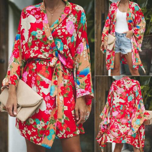 Fashion Womens Casual Cardigan Boho Floral Open Cape Casual Coat Beach Loose Flora Printed Blouse Tops kimono Long Cardigan