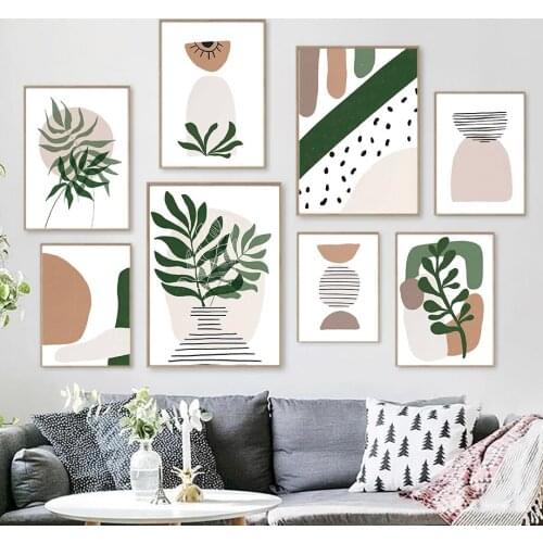 Abstract Green Leaves Color Block Sun Wall Art Canvas Painting Nordic Posters And Prints Wall Pictures For Living Room Decor