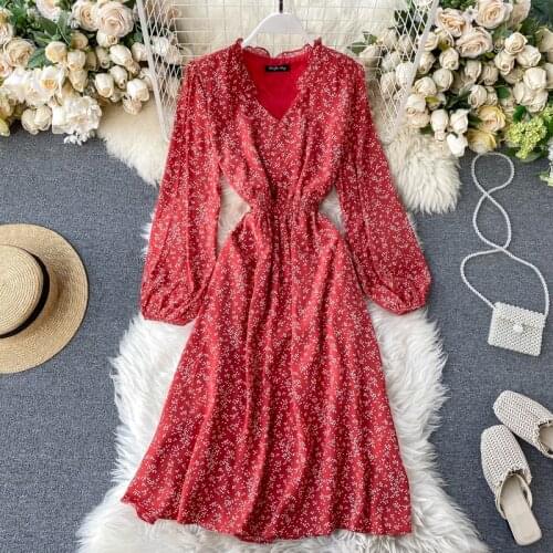 Neploe Spring V-Neck Floral Print Dresses Casual Korean Style Puff Sleeve Dresses Chic Chiffon High Waist Midi Vestidos 81253