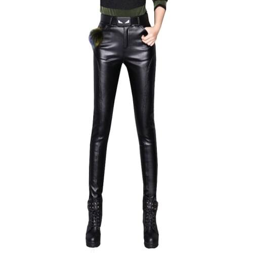 2021 New Women Winter Leather Pants Ladies Elegant Slim Casual PU Leather Trousers Plus Velvet Warm Bright Black Pants OK1010
