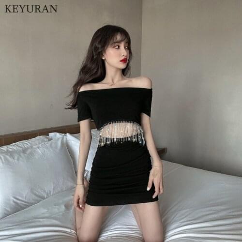 2021 New Summer Short-sleeve Hollow-out Tassel Chain Slim Sexy Dress Fashion Off Shoulder Bodycon Dresses Black Mini vestidos