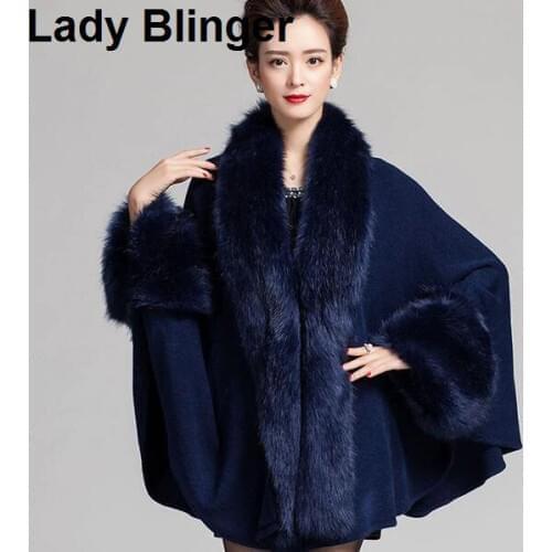 New arrival Lady Blinger faux fox fur collar cuffs decor super long women wraps fur ponchos fur shawl stole faux chamere cape
