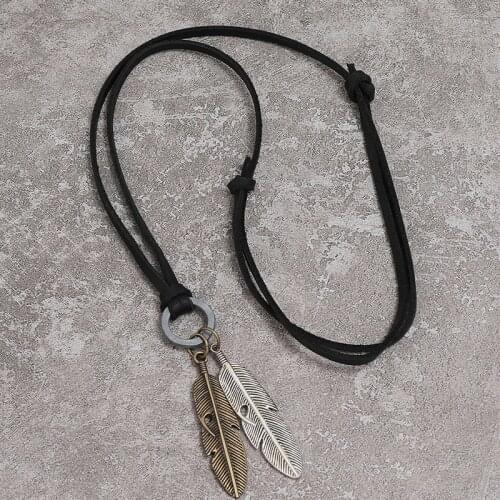 Vintage Leather Feather Pendant Neckalce Women Men Long Sweater Chain Statement Jewelry Female Hip Hop Party Gift Wholesale