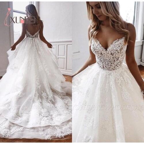 Robe de mariee Boho Lace Wedding Dresses Sexy V Neck Backless Spaghetti Starps Bohemian Appliqued Train Bridal Gowns