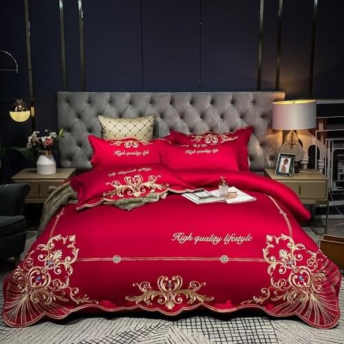 Luxury Red White 600TC Egyptian Cotton European Wedding Bedding Set Gold Embroidery Duvet Cover Flat/Fitted Sheet Pillowcases