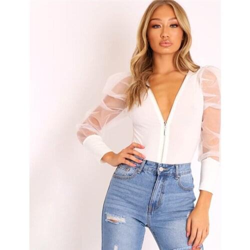 Sexy Women Puff Long Sleeve Sheer Mesh Zipper Tops Ladies V Neck Casual Loose Blouse