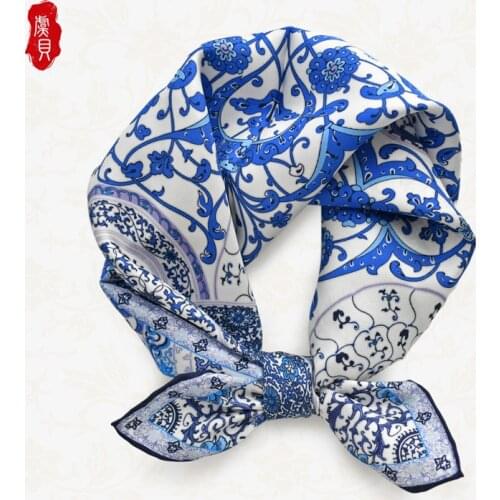 Chinese classic blue white porcelain natrual silk scarf spring women real silk scarves 50cm small square headband wrap for lady