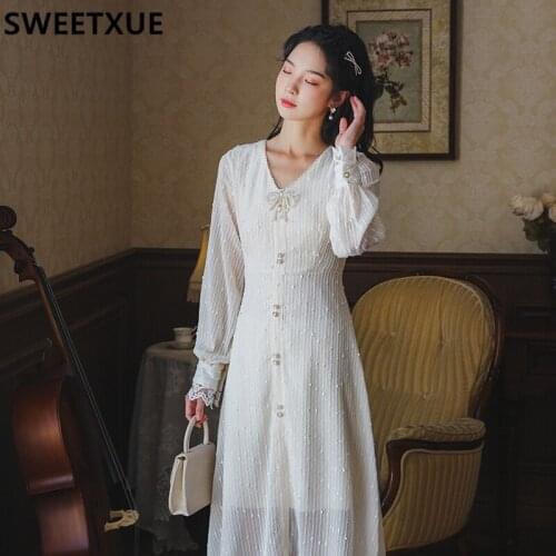 SWEETXUE Female V-neck Long Sleeve White Gentle Fairy Dress Women 2021 Spring Bowknot Beaded Chiffon Sweet Elegant Dresses