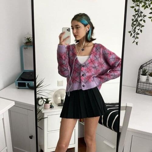 Cropped Cardigan Argyle Sweater Gothic Single Breasted Button Front Caridigan V-neck Color Blocking Streetwear Knitted Cardigan