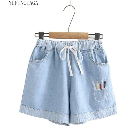 Women Pencil Embroidery Korean washed denim Shorts 2020 Summer Sweet Style Straight Short For Femme Casual Pockets Shorts