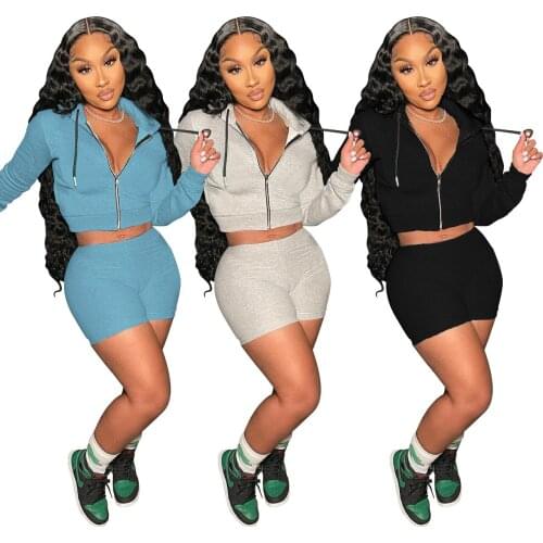 Women Casual Solid Fitness Sportswear Zipper Long Sleeve Hooded Crop Top + Biker Shorts 2021 Autumn Two Piece Set Outfits
