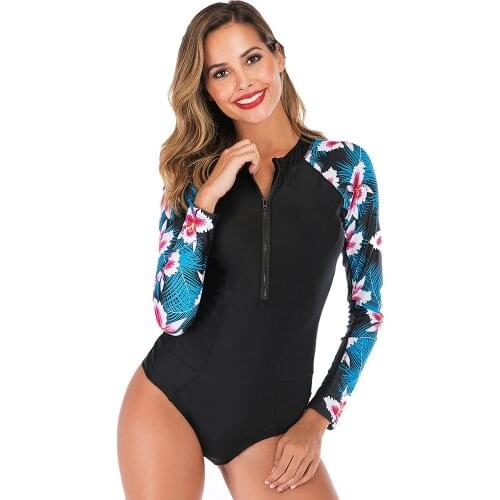 Womens One Pieces Swimsuit Floral Print Rash Guard Long Sleeves Zipper Front Swimwear Female Bathing Suit Beachwear M L XL XXL