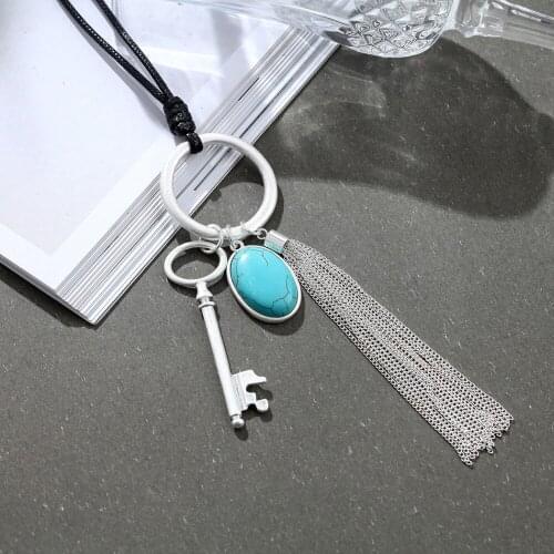 Silver Color Heart Key Tassal Pendant Woman Statement necklaces & pendants Black Long necklace women collares mujer colar choker