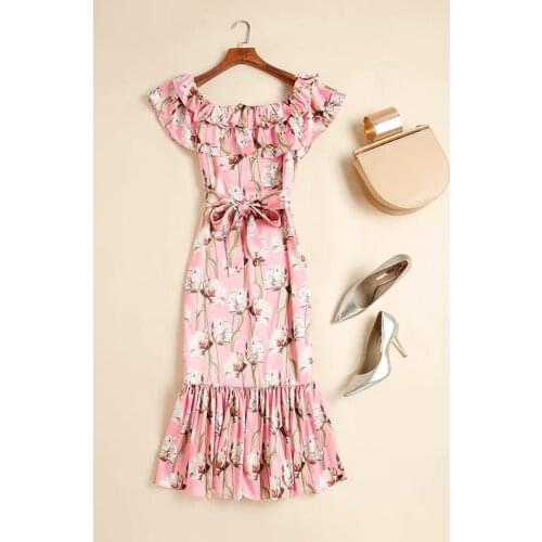 Womens American European and dress 2021 summer new styles Flounce edge a word collar flower printing Fashion fishtail dress