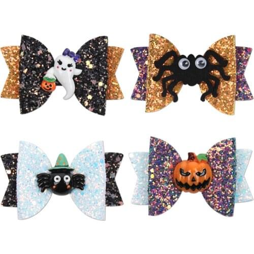 8 pcs/lot, 3 inch Halloween Glitter Hair Bow Clips, Pumpkin Spider ghost glitter bow hair clips Girls Cosplay Hair Accessories