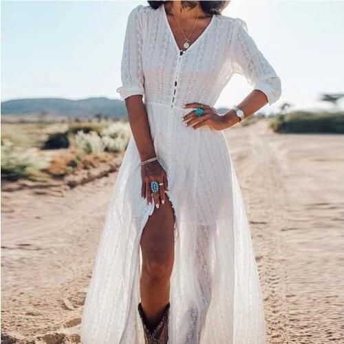 DUISNENA white dress V-neck beach robe midsleeved button-down summer dress sexy women dresses vestidos