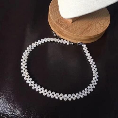 Free shipping popular high quality pure hand craft high quality tiny natural white real pearl lady wedding necklace choker gift