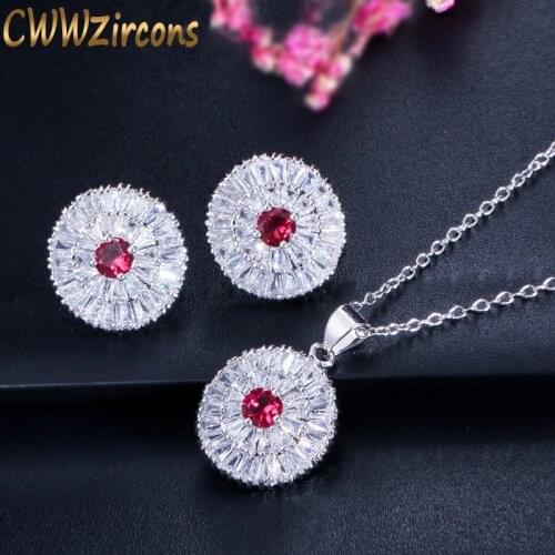 CWWZircons 2019 Trendy Women Pendant Necklace And Earrings Jewelry Sparkling Round Cut CZ Stone Jewelry Sets for Ladies T084