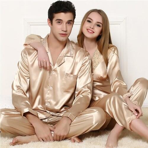 European Style Couple Silk Pajamas Spring Autumn Ladies Long Sleeve Pajamas Plus Size Pyjamas Pijama Set Womens Tracksuits Q265