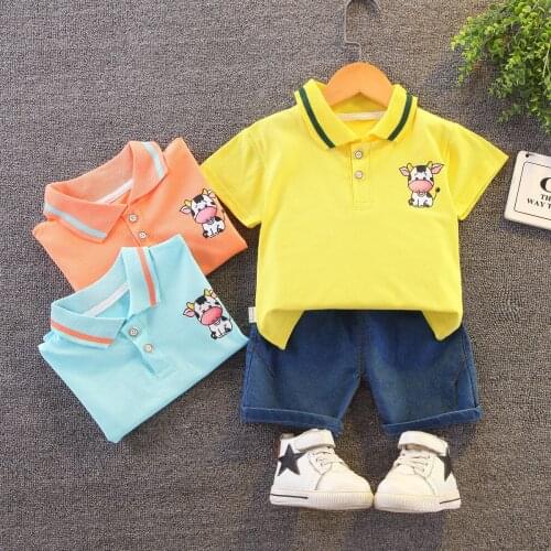 Baby Boys Fashion Clothing Sets 2021 Summer Children Cute Cartoon Cow Lapel T-Shirt +denim Shorts Toddler Girls Casual Clothes