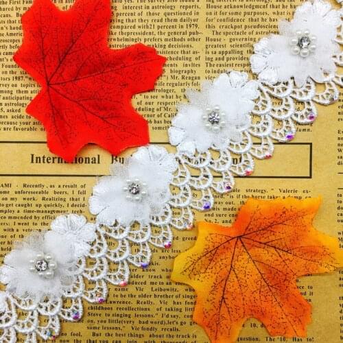 GXINUG 1 Yard White Pearl Daisy Flower Diamond Mesh Embroidered Lace Trim Ribbon Double Layered Applique Dress Sewing Craft