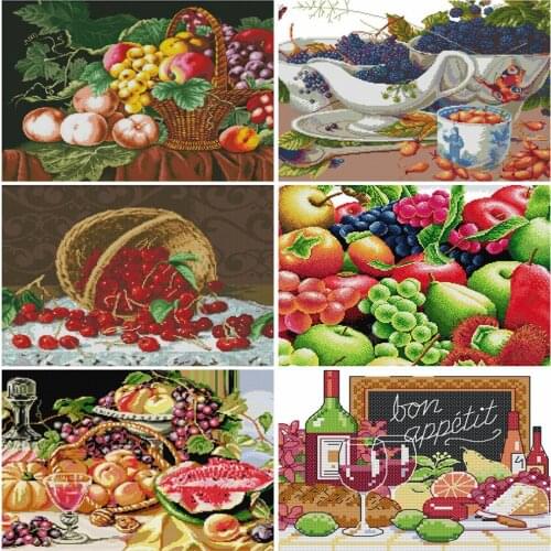HUACAN Embroidery Fruit White Canvas Needlework Cross Stitch Food Kits 11CT 14CT DIY Gift Home Decoration