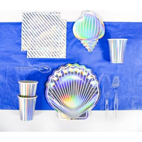Colorful Laser Shell Disposable Party Paper Plate Seaside BBQ Tableware Set Cup Tablecloth Birthday Decoration Baby Shower