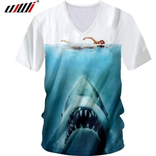 UJWI V neck T shirt Man Deep Short Sleeve 3D Printed Marine shark Streetwear Oversized Garment Hombre Tee Shirt Dropshipping
