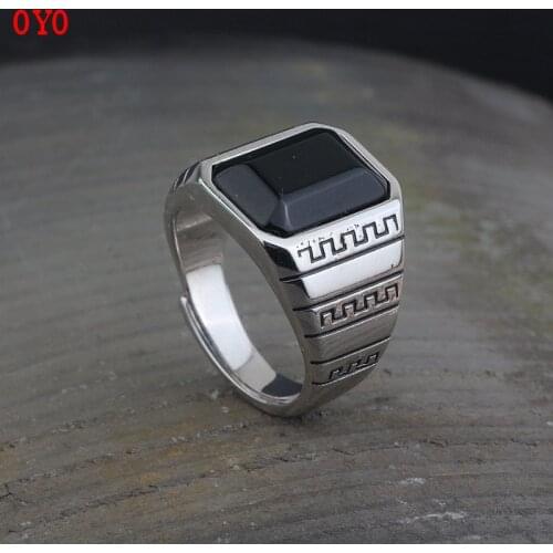 National standard s925 silver inlaid black agate mens open ring