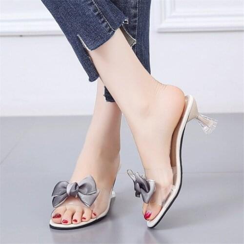 Bowknot Transparent Clear Shoes Woman Mules Ladies Slippers Outdoor Wild Fashion Ladies Spring Summer Glass Slippers Heels