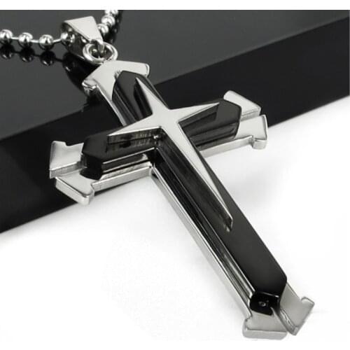 2021 Titanium Steel Punk Necklace Three Layers Open Mens Cross Necklace Jesus Titanium Steel Black Blue Pendant chains