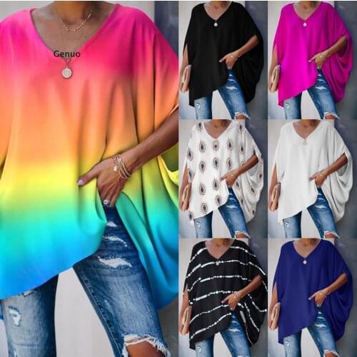 Rainbow Print V Neck Oversized Plus Size Top Lady Casual Long Sleeve Loose Fit Blouse