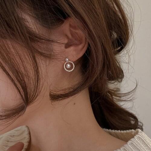 Vintage Geometric Round Zircon Pearl Earrings For Women Simple Small Cute Stud Earring Korean Jewelry 2020 New Fashion