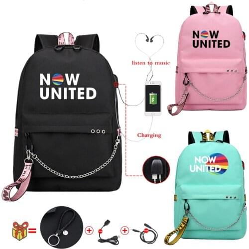 Now United Schoolbag Backpack USB Charging UN Team Backpack School Bags for Teenage Girls Now United Lyrics Zipper Bookbag