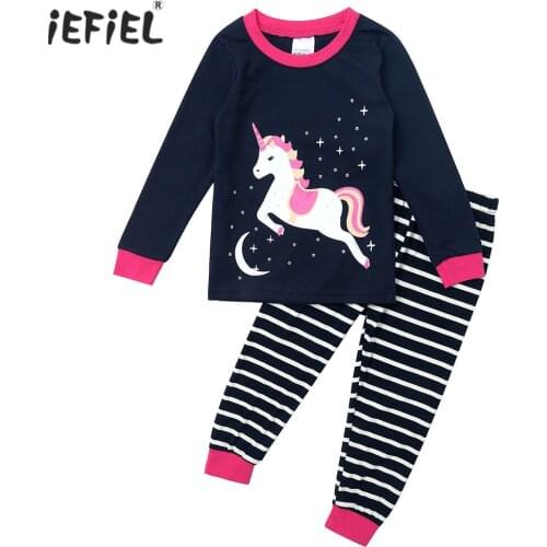 Navy Blue Kids Girls Cotton Sleepwear Suit Long Sleeve Cartoon Horse Stars Moon Top + Pant Trousers Nightwear Pajamas Casual Set