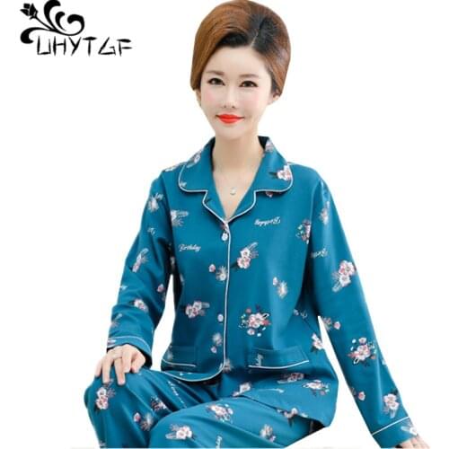 UHYTGF Womens home clothes cotton Comfortable spring autumn pajamas for women printed lapel loose 4XL plus size sleepwear 1009
