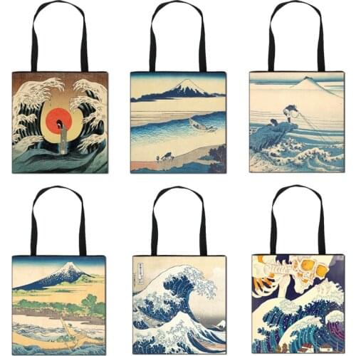 Japan Ukiyoe Sea Sailboat/ Wave / Volcano Totes Bag Women Handbag Ge Cai Beizhai Art Shoulder Bag for Ladies Shopping Bags