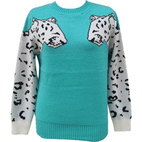 Women Round Neck Leopard Print Sweater Casual Long Sleeve Pullover Slimming Knitwear Plus size leopard print stitching sweater