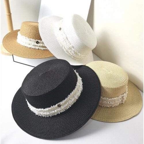 Handmade Womens Straw Boater Hat Flat Ribbon Beach Hat Dress Fashion Show