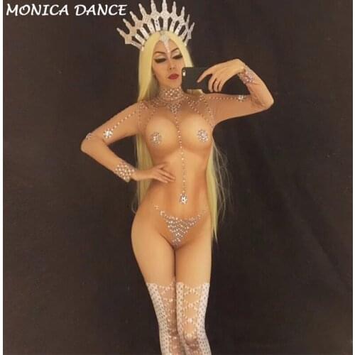 Women Sexy Stage Naked Jumpsuit for Singer Sparkling Crystals Nightclub Party Stage Wear Dj Costume Celebrate Birthday Clothing