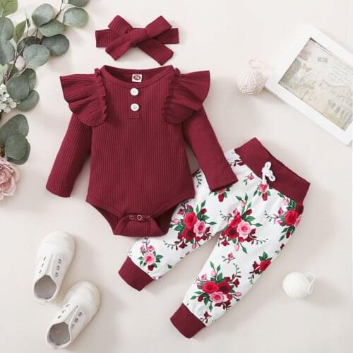 TELOTUNY Clothing sets Infant Baby Girls Long Sleeve Solid Ruffles Romper Bodysuit+Leopard Floral Print Pants+Headbands Outfits
