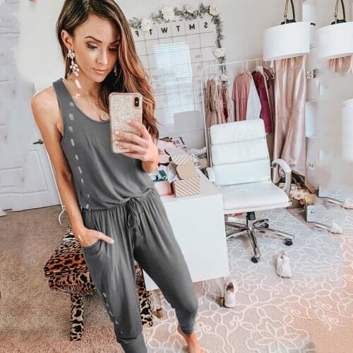 2021 Summer Sleeveless Solid Color Loose Womens Jumpsuits Sexy Overalls Drawstring Slim Long Playsuits Casual Lace Up Jumpsuits