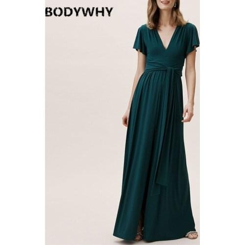 2020 New Womens Dress Stretch Milk Silk Fabric Sexy V-neck Pleated Short-sleeved Belt Long Solid Color Dress