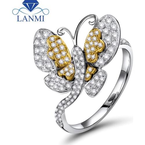 LANMI New Design Solid 18K Two Tone Gold Diamond Wedding Ring Butterfly Shape Loving Gift for Women
