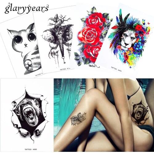 Glaryyears 42 A Designs 1 Sheet Watercolor Drawing Animal Body Tattoo Black Elephant Dragon Temporary Tattoo Sticker Art Fashion