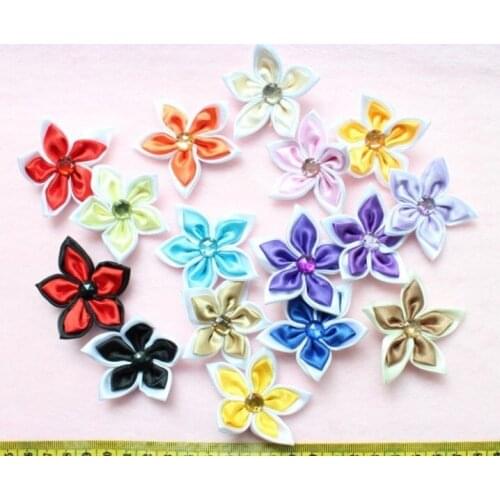 100pcs Satin big handmade Fabric Flowers Daisy sunflower Mixed Colors with crystal 40-45mm 2 tones